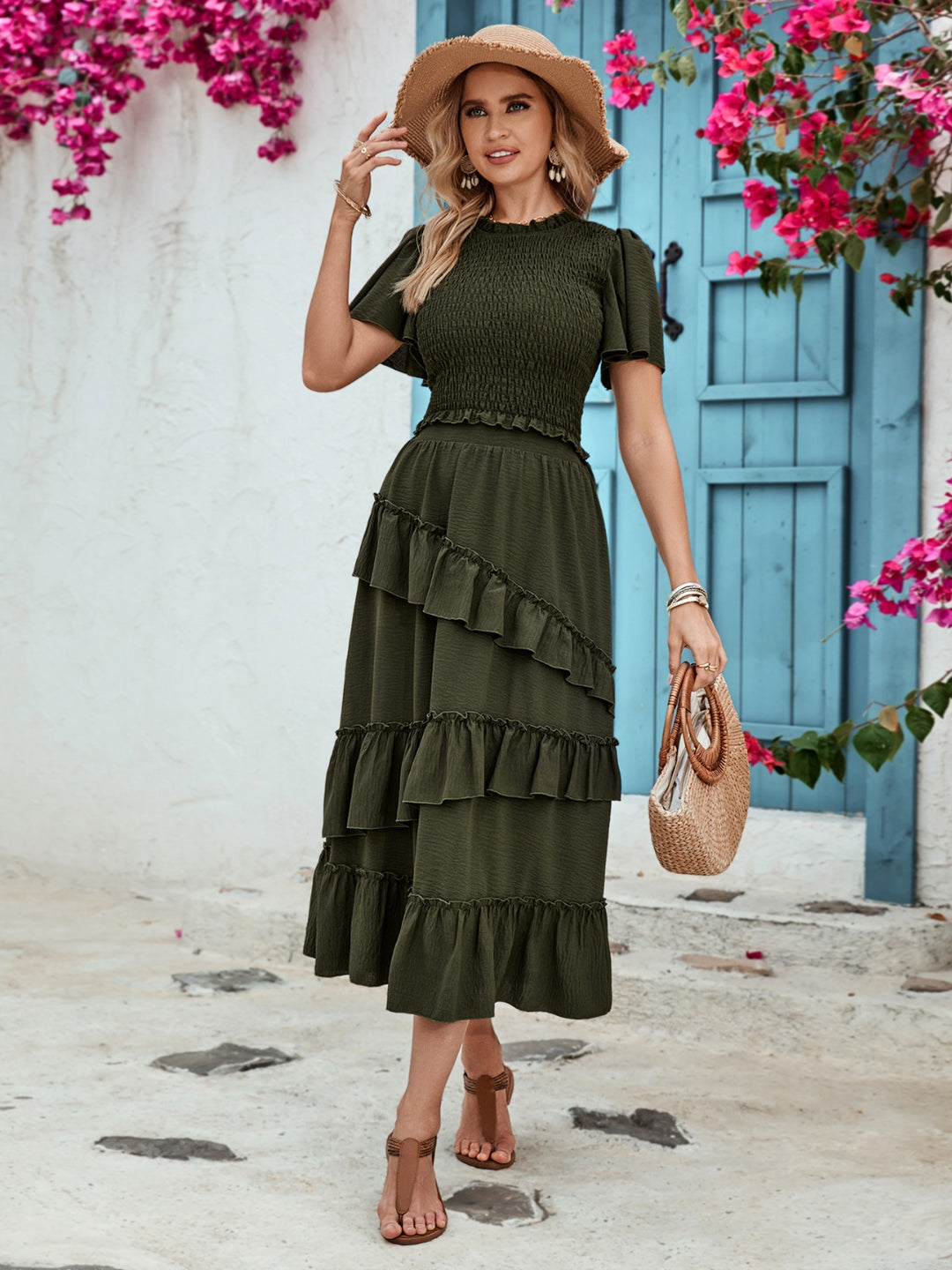 "Women's Ruffled Elastic Waist Midi Skirt"