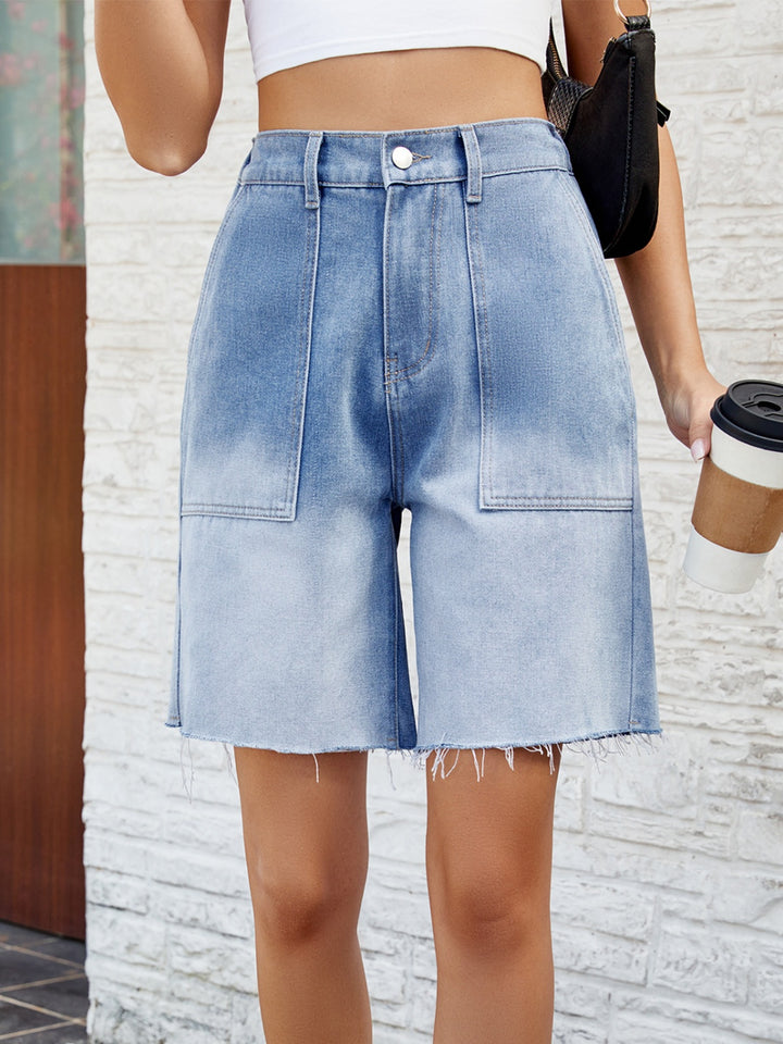 Women's Denim Shorts with Raw Hem and Button Closure