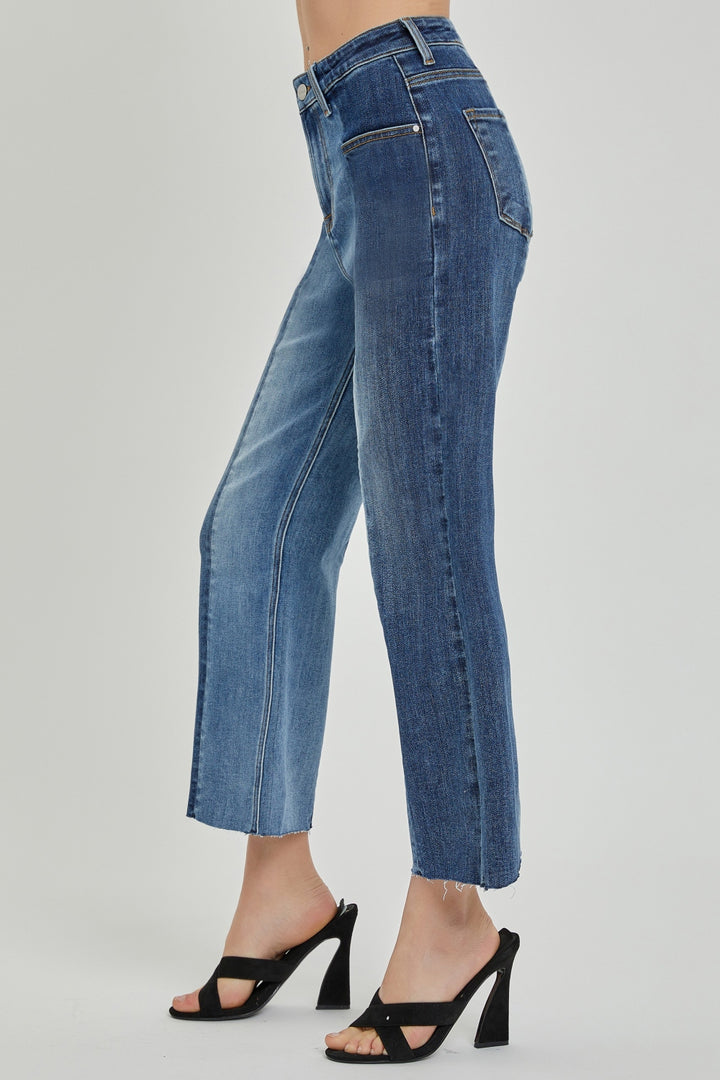 RISEN Full Size Mid-Rise Waist Two-Tones Jeans with Pockets