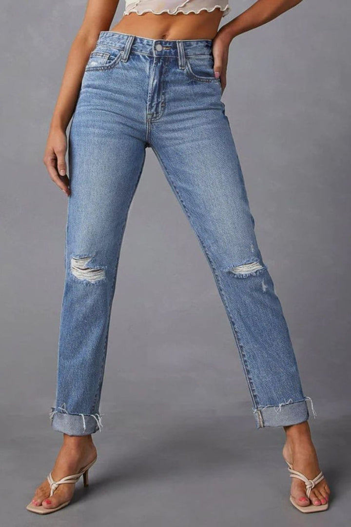 Women's Raw Edge Straight Leg Denim Jeans with Distressed Finish and Pockets