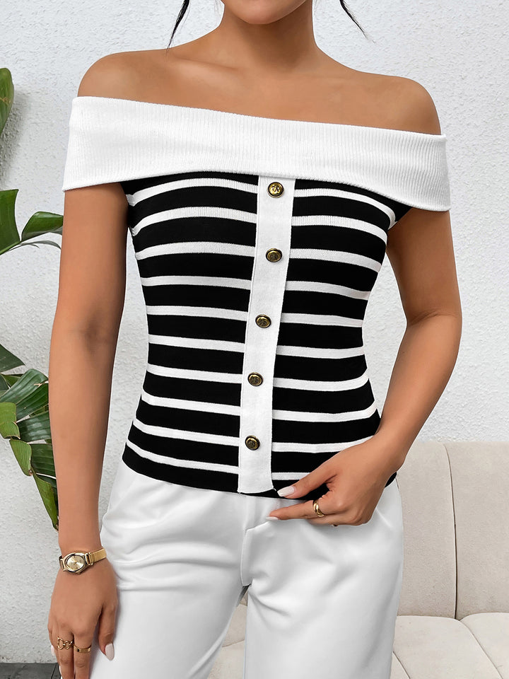 Women's Off-Shoulder Striped Decorative Button Sweater