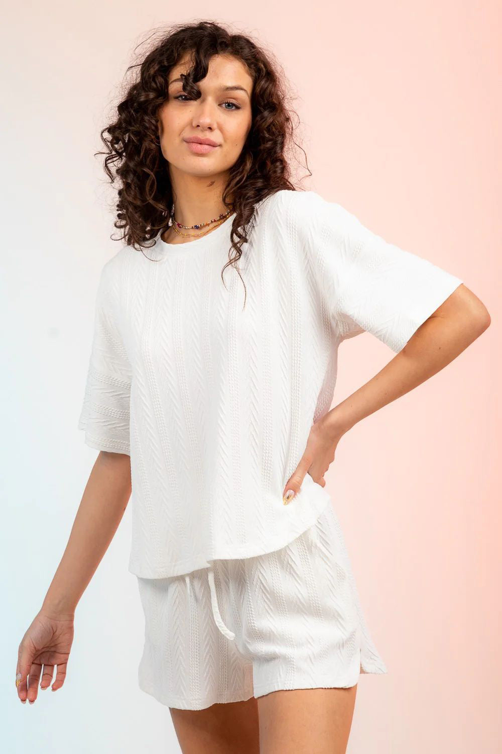 Textured Round Neck Top and Shorts Set