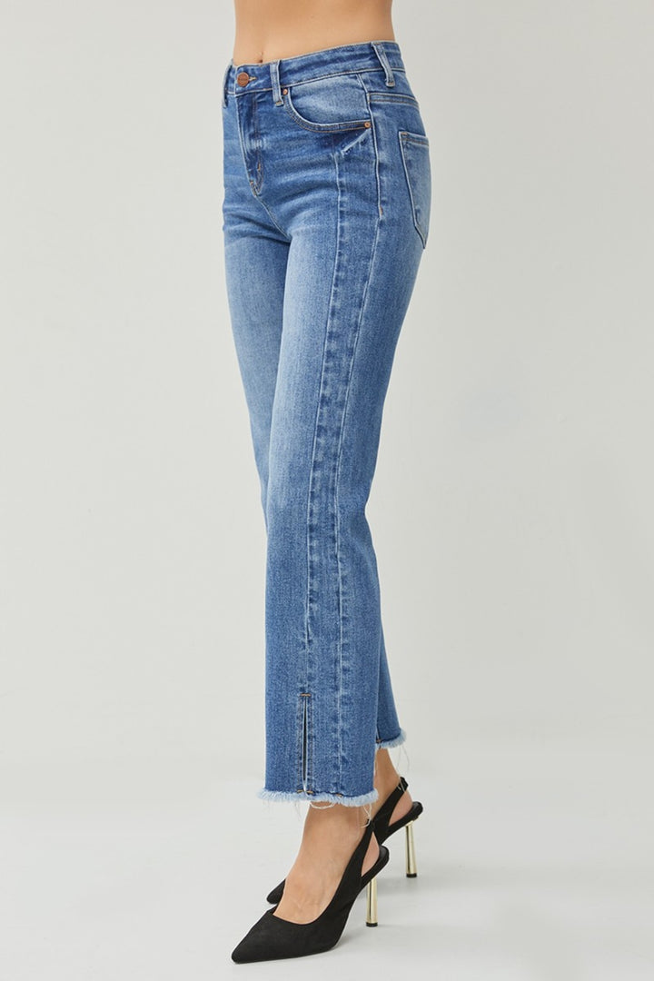 Women's Raw Hem Slit High Waist Straight Jeans