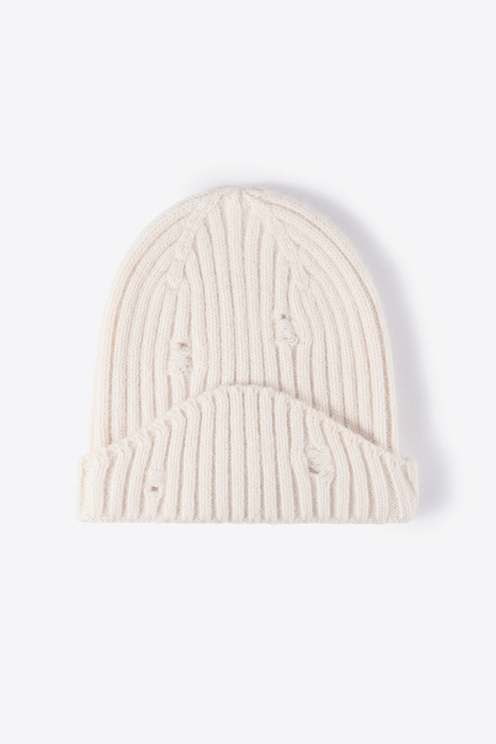 Distressed Rib-Knit Beanie