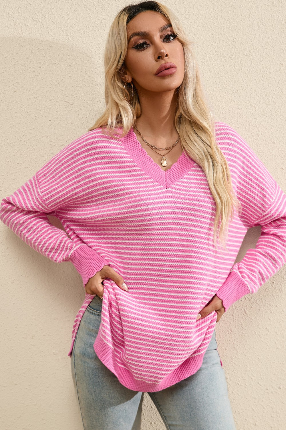 Striped V-Neck Long Sleeve Top