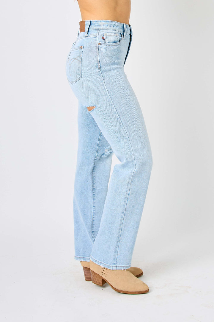 omen's Distressed High Waist Straight Leg Jeans