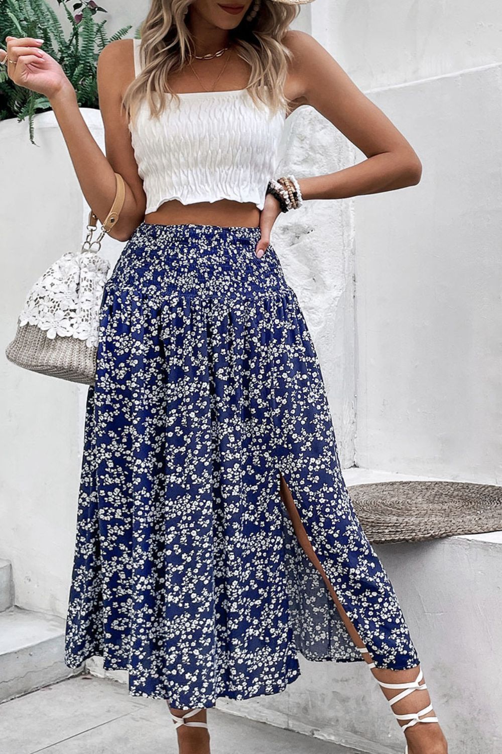 Women's Ditsy Floral High Waist Skirt with Slit