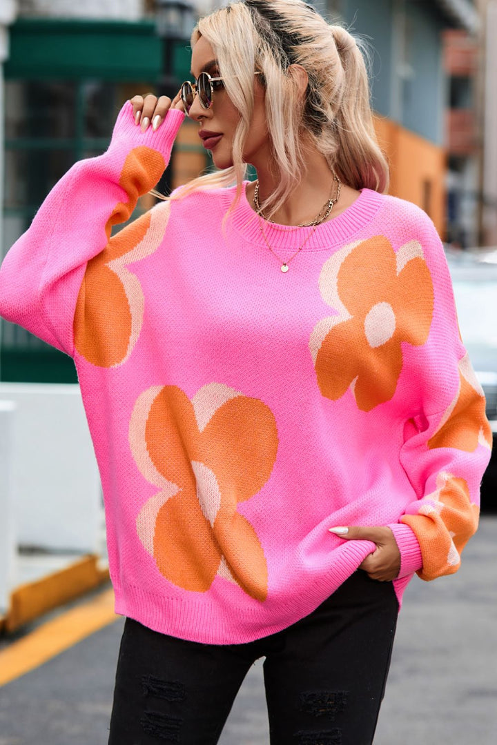 Women's Floral Round Neck Dropped Shoulder Sweater