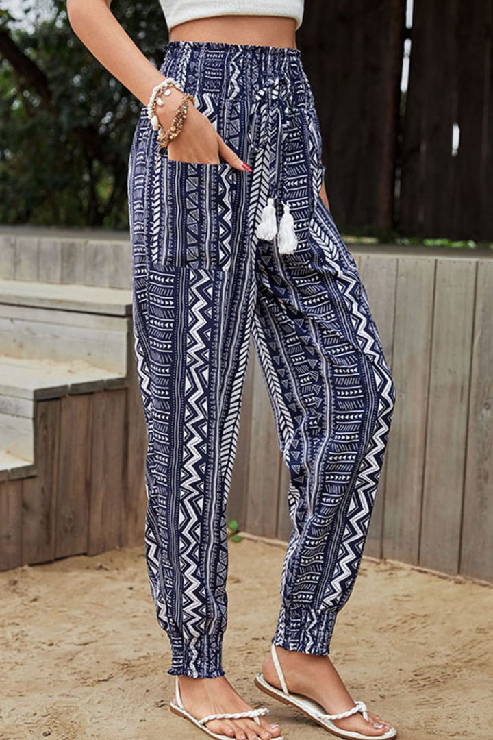 Women's Geometric Print Tassel High-Rise Pants