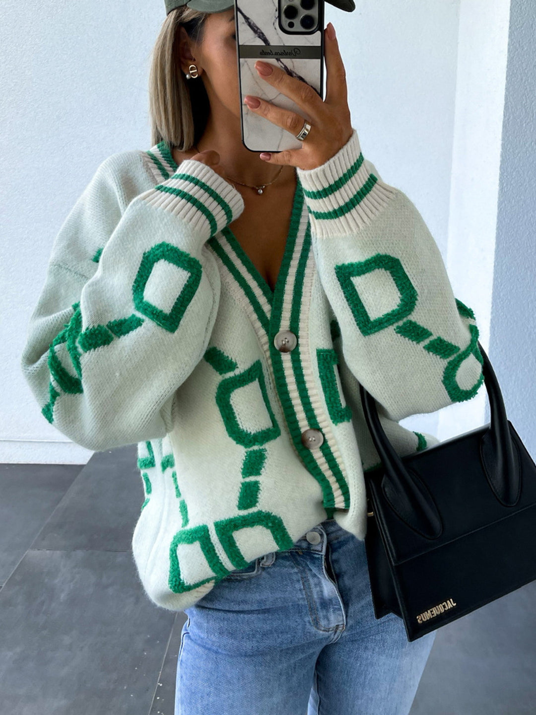 Women's Geometric Drop Shoulder Sweater Cardigan