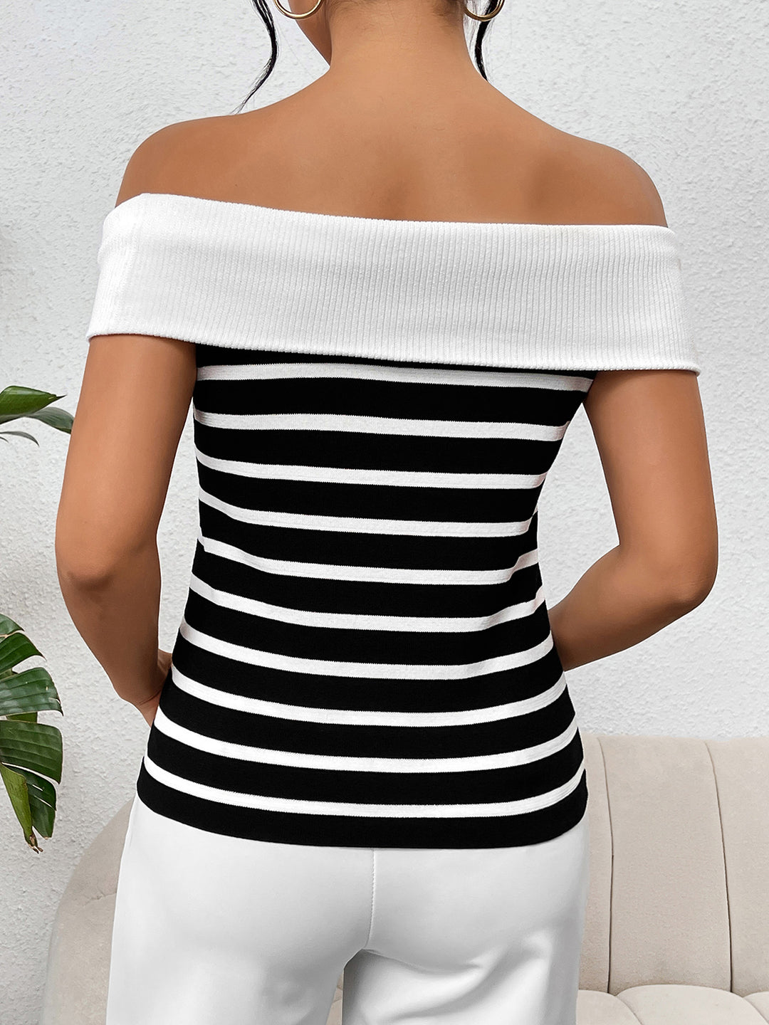 Women's Off-Shoulder Striped Decorative Button Sweater