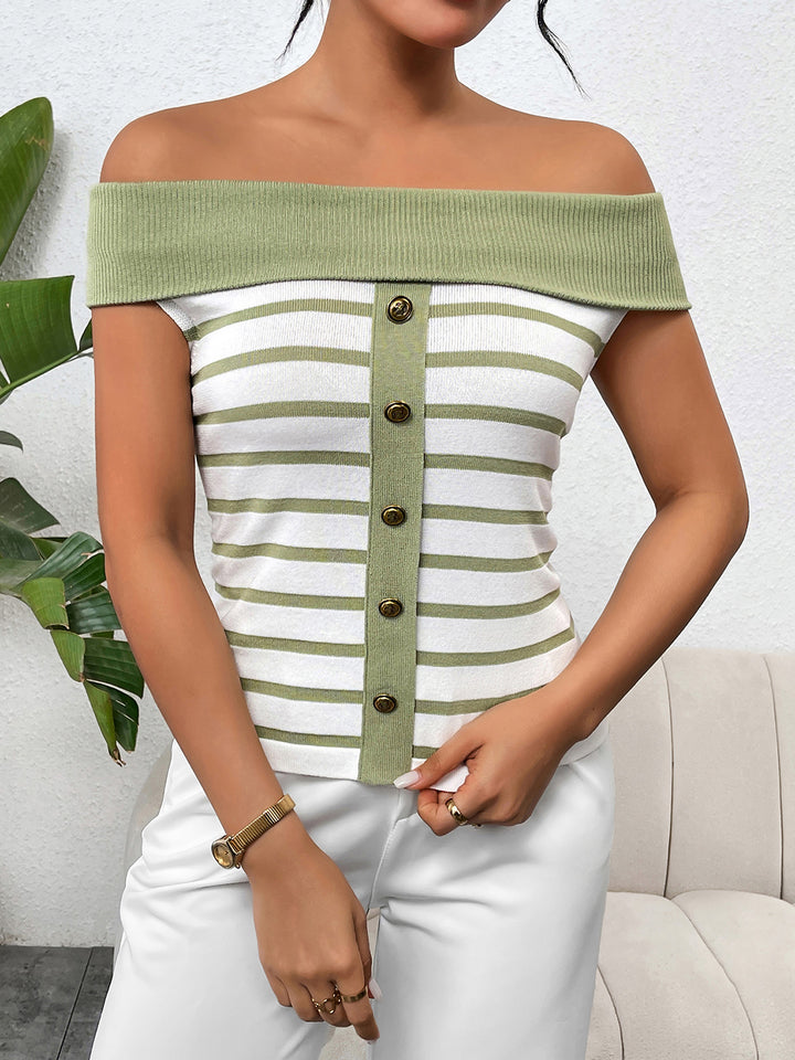 Women's Off-Shoulder Striped Decorative Button Sweater