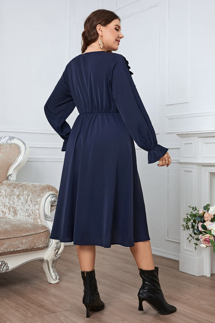 Melo Apparel Plus Size V-Neck Buttoned Flounce Sleeve Dress