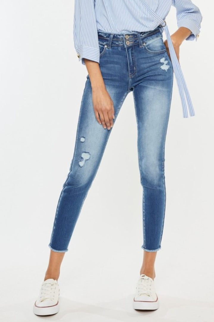 Women's Distressed High Waist Jeans with Raw Hem