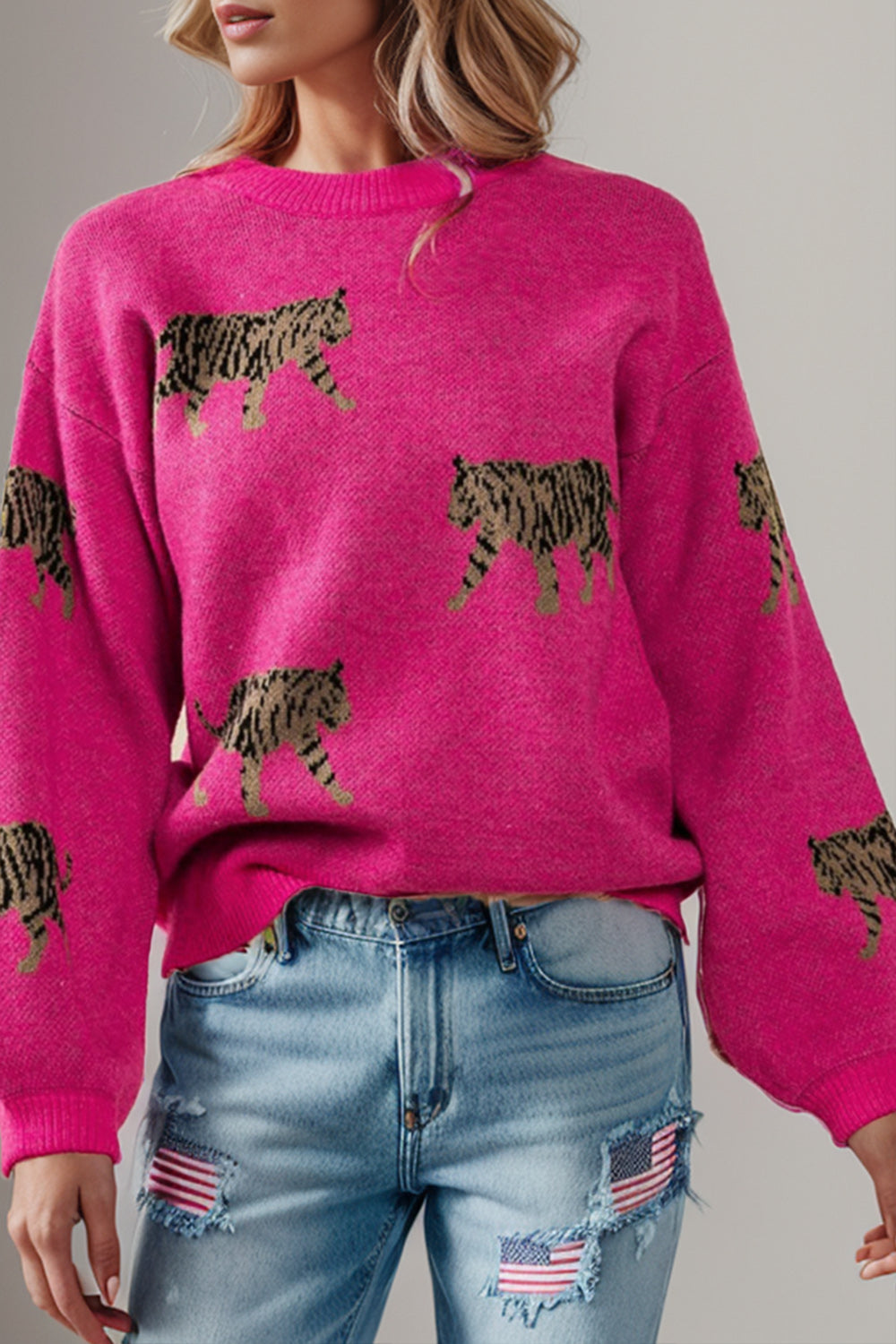 Women's Cozy Tiger Print Round Neck Sweater