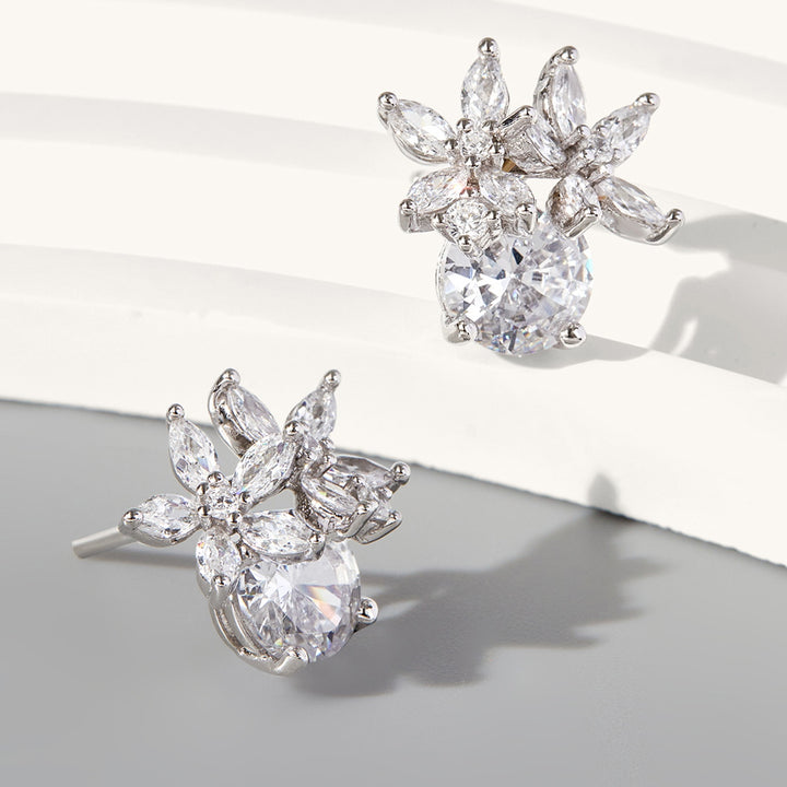 Women's Elegant Floral Zircon Sterling Silver Stud Earrings