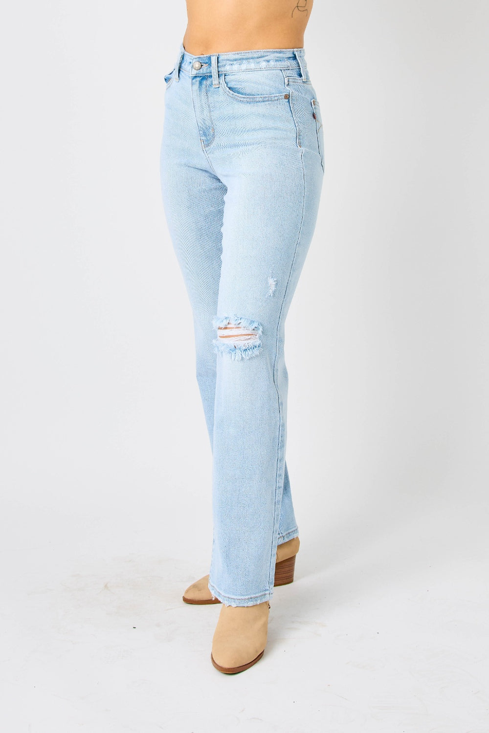 omen's Distressed High Waist Straight Leg Jeans