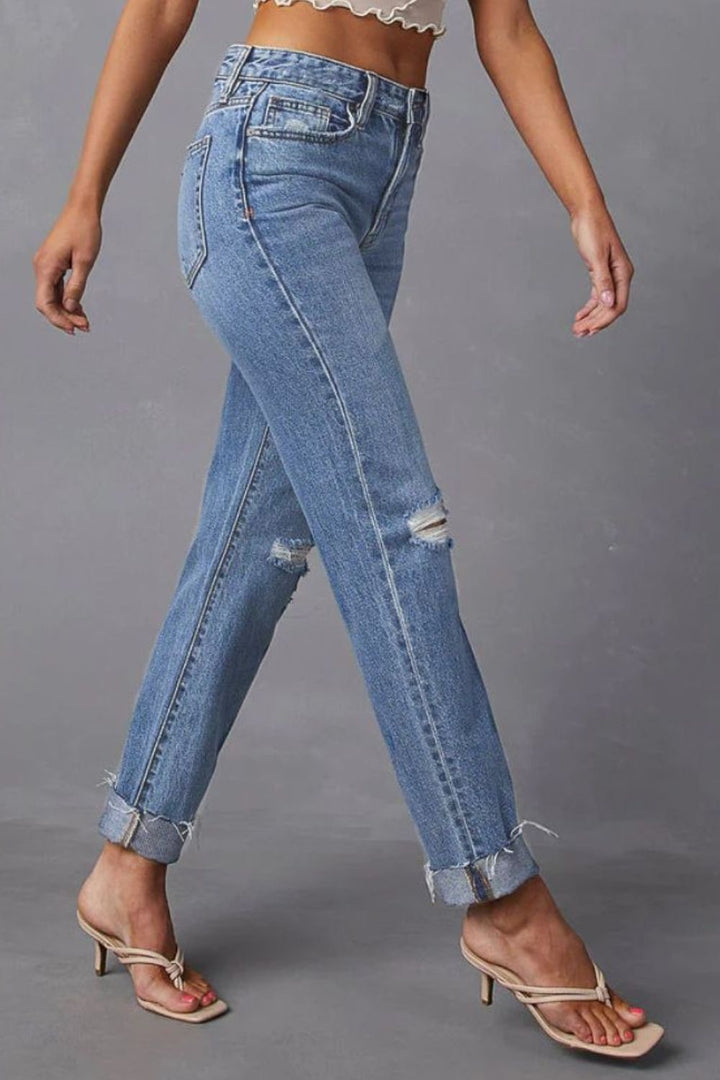 Women's Raw Edge Straight Leg Denim Jeans with Distressed Finish and Pockets