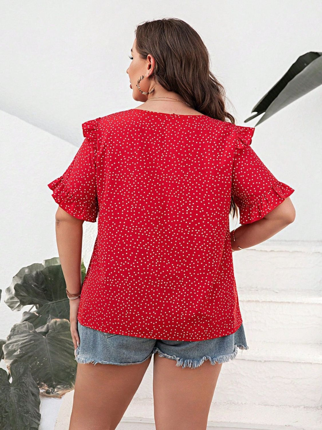 Plus Size Polka Dot Notched Flounce Sleeve Blouse