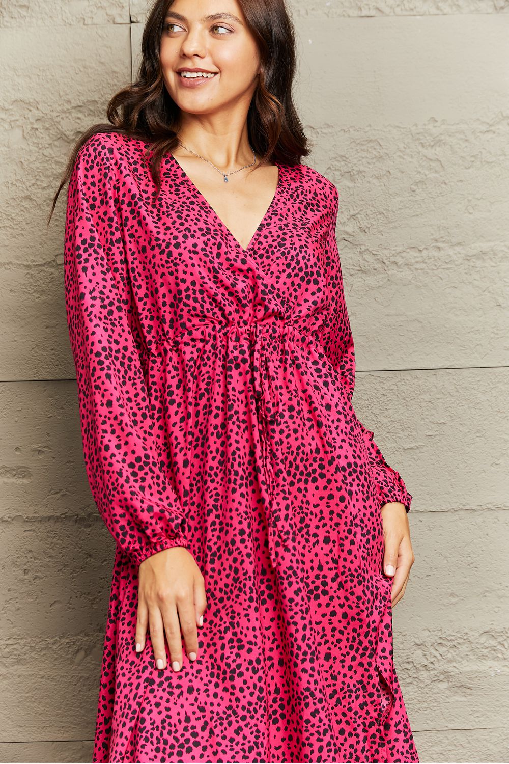 Honey Printed Surplice Neck Long Sleeve Slit Dress