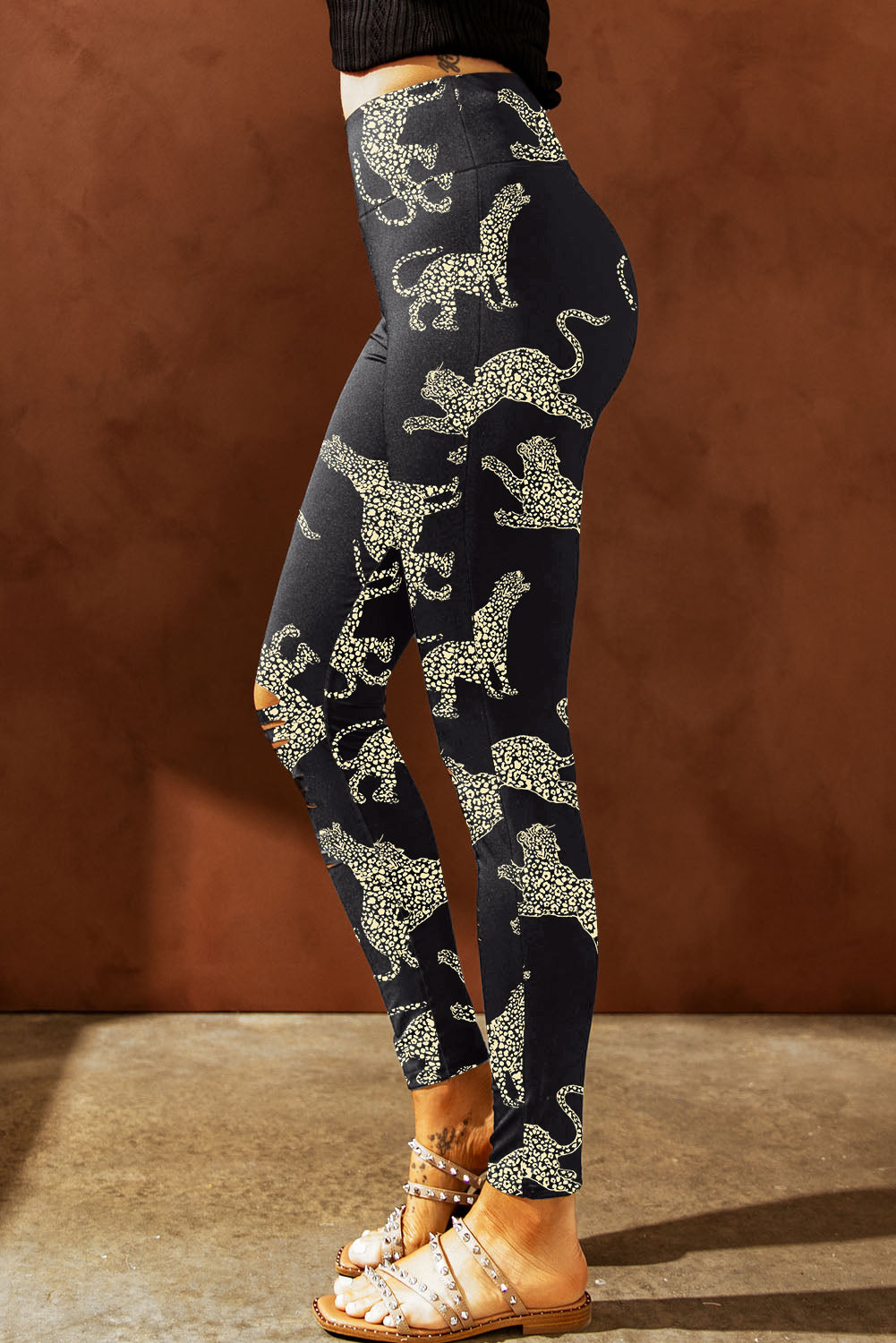 Women's Distressed Animal Print High Waist Leggings