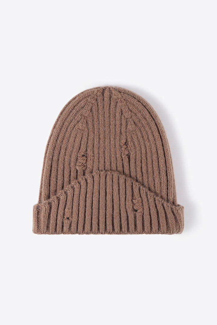 Distressed Rib-Knit Beanie