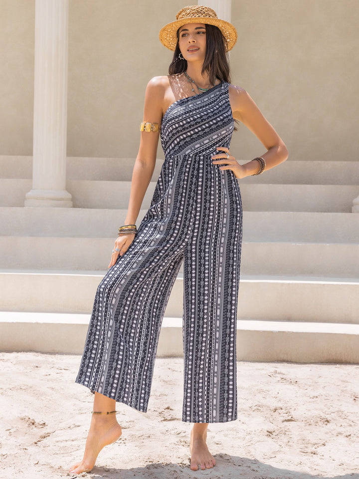 Printed Single Shoulder Sleeveless Jumpsuit