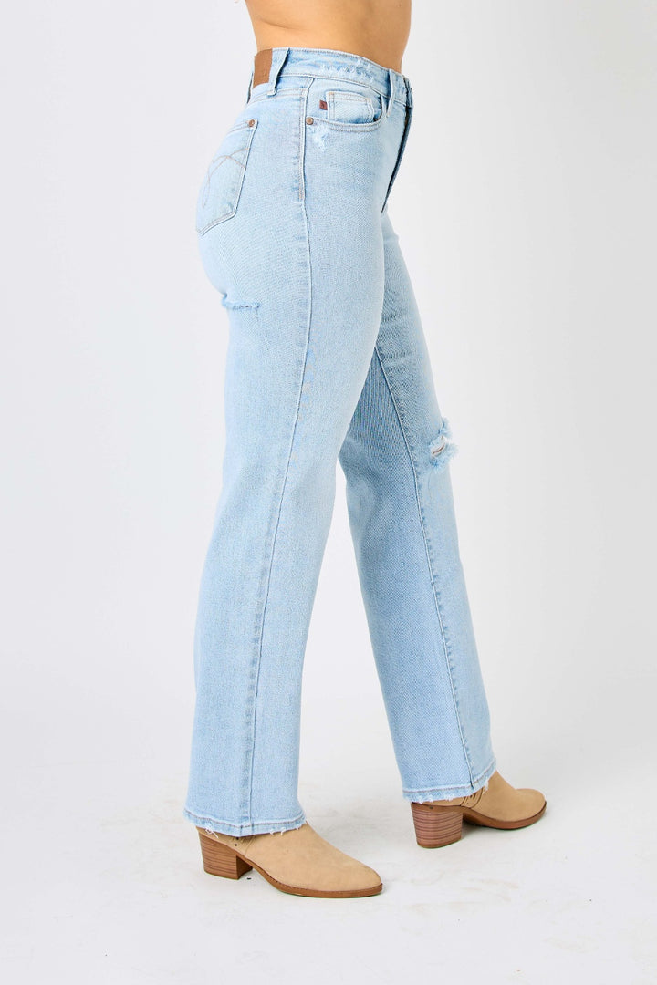 omen's Distressed High Waist Straight Leg Jeans