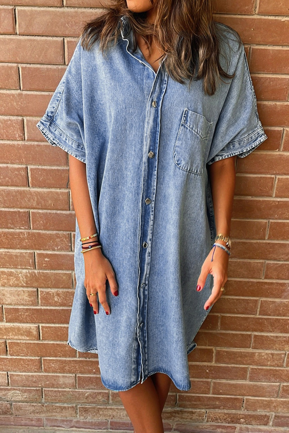 Women's Denim Dresses: Button-Up Half Sleeve with Pockets