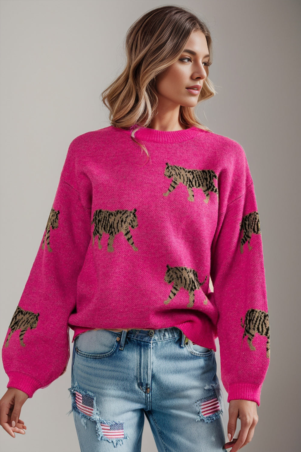 Women's Cozy Tiger Print Round Neck Sweater