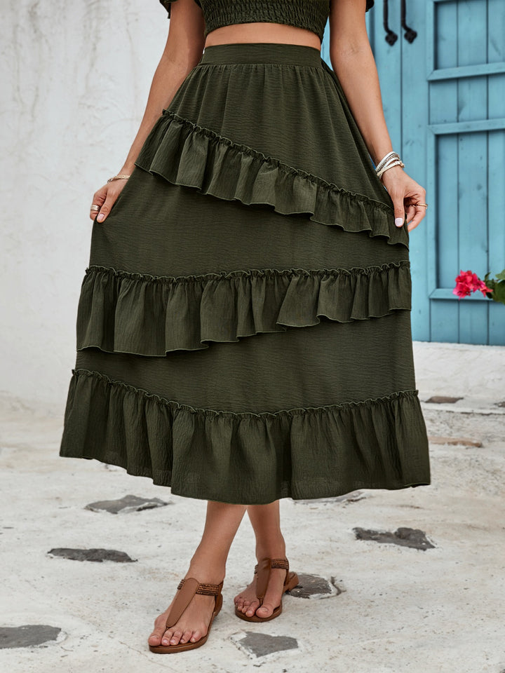 "Women's Ruffled Elastic Waist Midi Skirt"