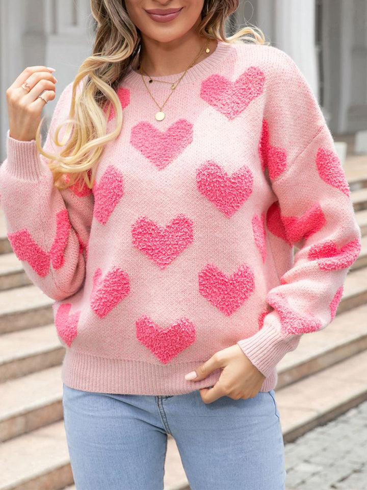 Women's Cozy Heart Sweater with Round Neck and Dropped Shoulders