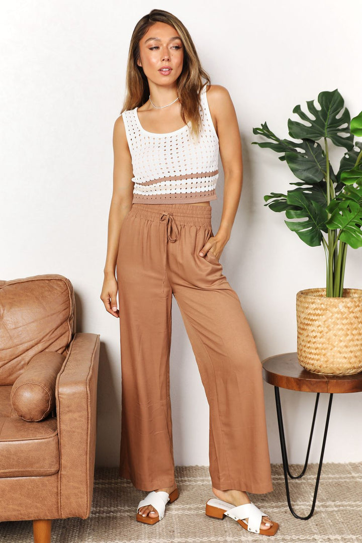 Women's Smocked Waist Wide Leg Pants (Double Take Drawstring Style)