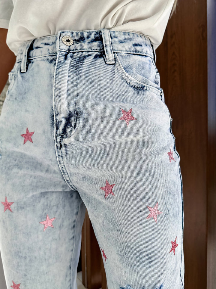 Women's Distressed Star Straight Jeans with Pockets