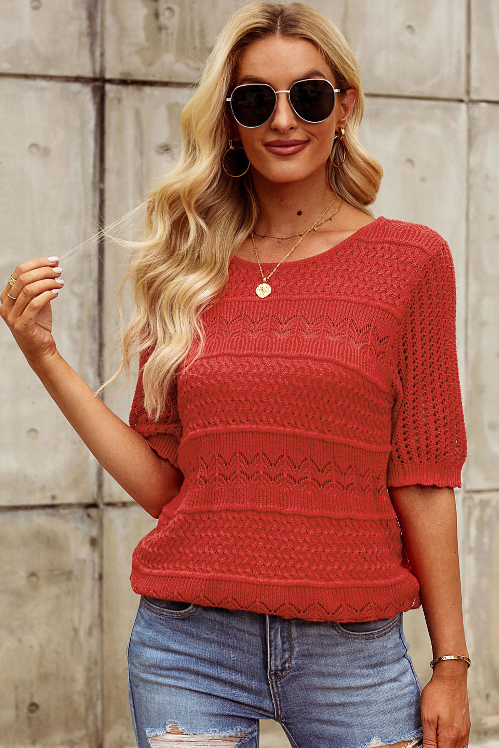 Women's Openwork Round Neck Half Sleeve Knit Sweater