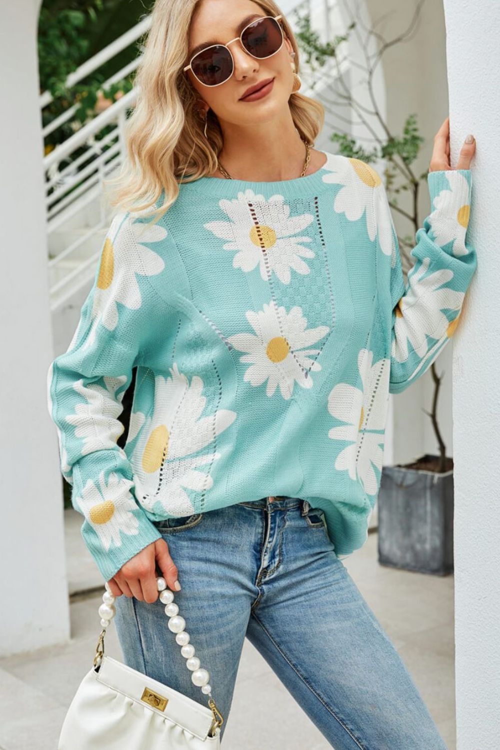 Women's Openwork Floral Daisy Print Round Neck Sweater