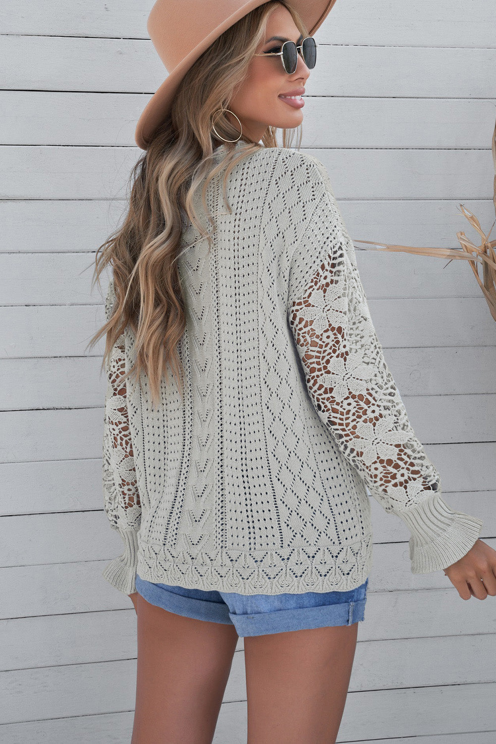 Women's Cozy Openwork Lantern Sleeve Sweater