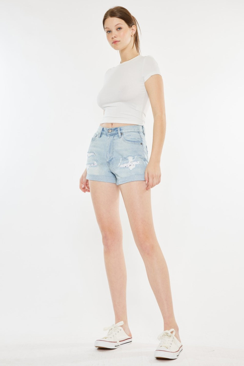 "Women's High Rise Repaired Mom Denim Shorts"