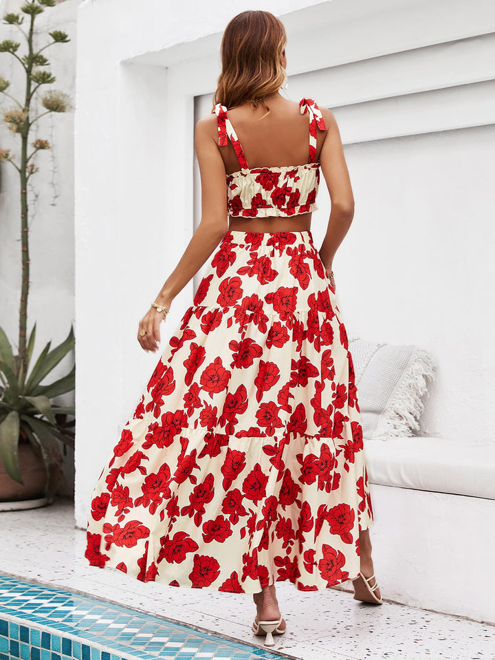 "Women's Floral Tie Shoulder Top and Tiered Maxi Skirt Set (Skirt)"