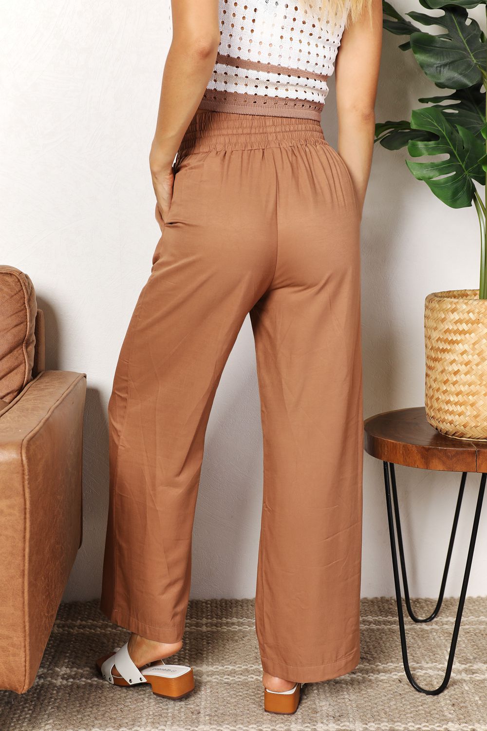 Women's Smocked Waist Wide Leg Pants (Double Take Drawstring Style)