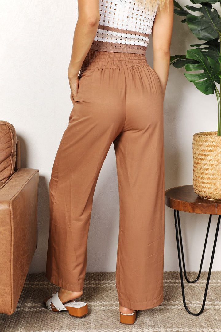 Women's Smocked Waist Wide Leg Pants (Double Take Drawstring Style)