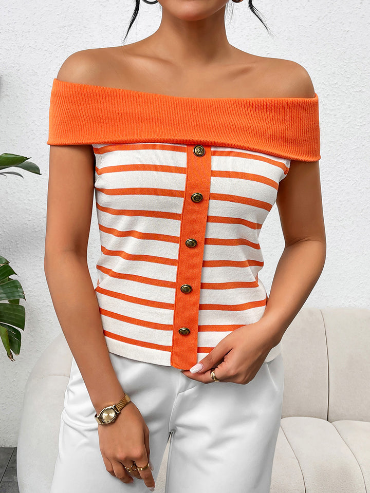 Women's Off-Shoulder Striped Decorative Button Sweater