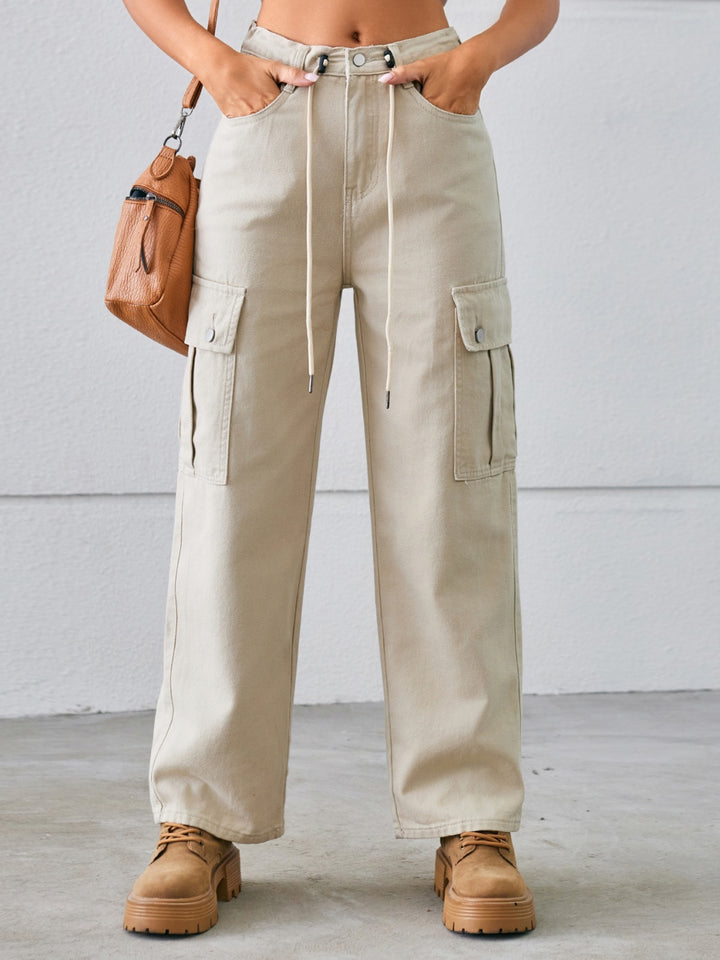 Women's Cargo Jeans with Drawstring Mid-Rise Waist