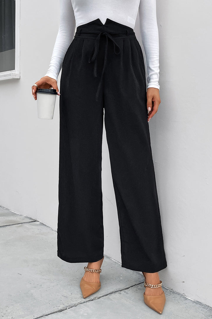 Women's Ruched Tie Front High Waist Wide Leg Pants