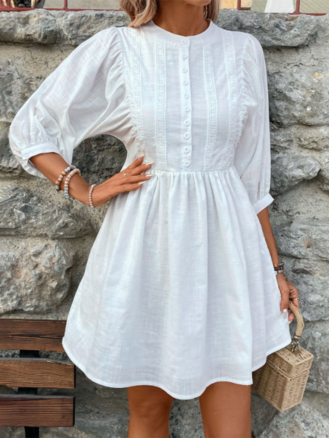 Lace Detail Half Button Three-Quarter Sleeve Dress