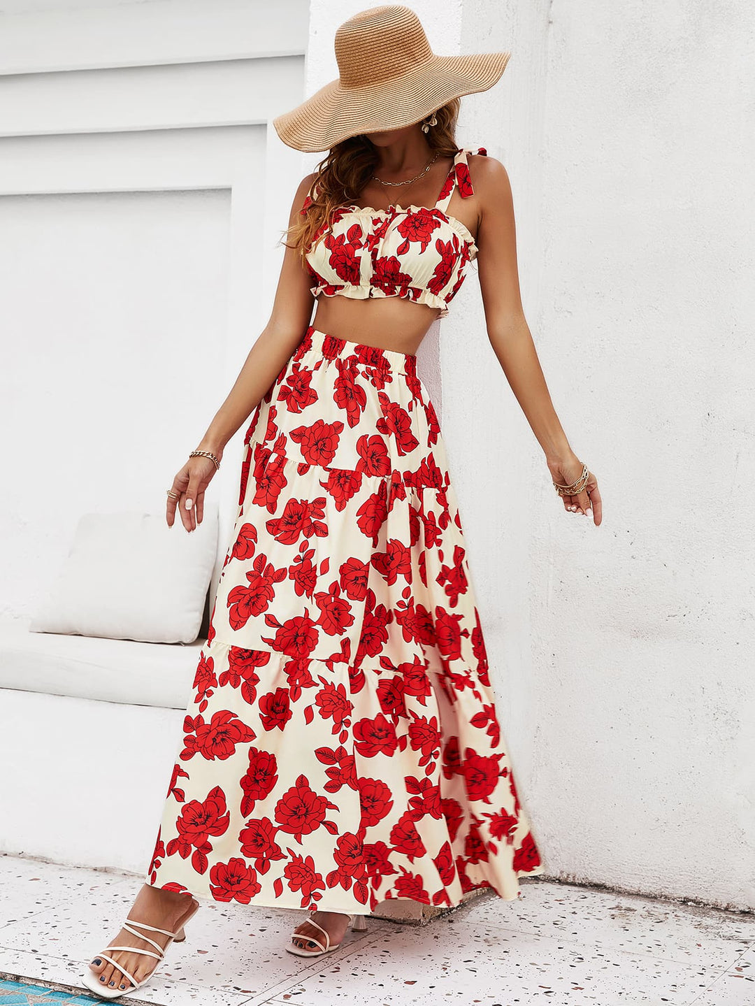 "Women's Floral Tie Shoulder Top and Tiered Maxi Skirt Set (Skirt)"