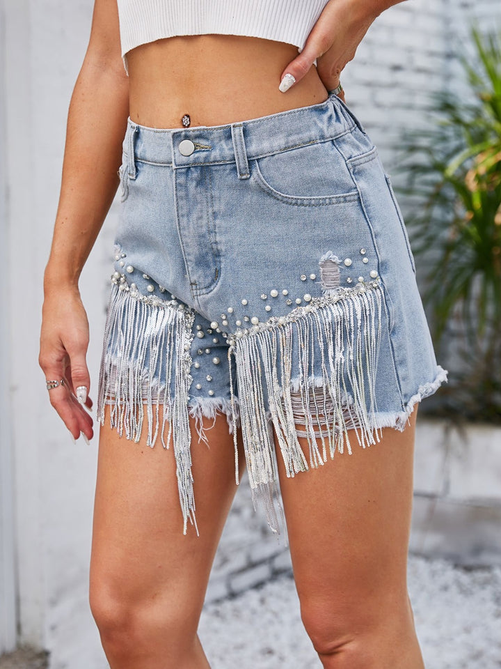 Women's Distressed Denim Shorts with Pearl Trim and Pockets