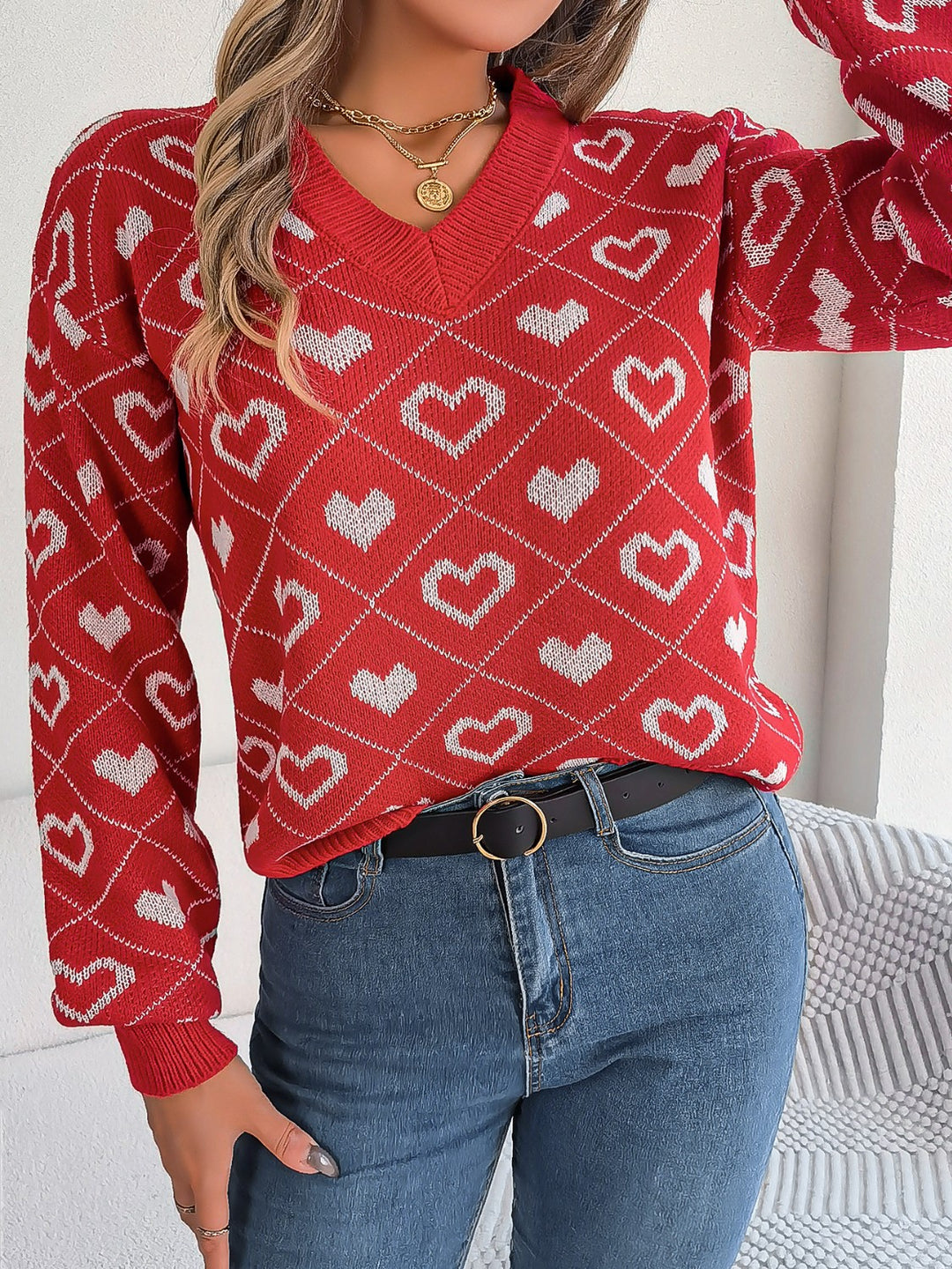 Women's Cozy Heart Print V-Neck Sweater