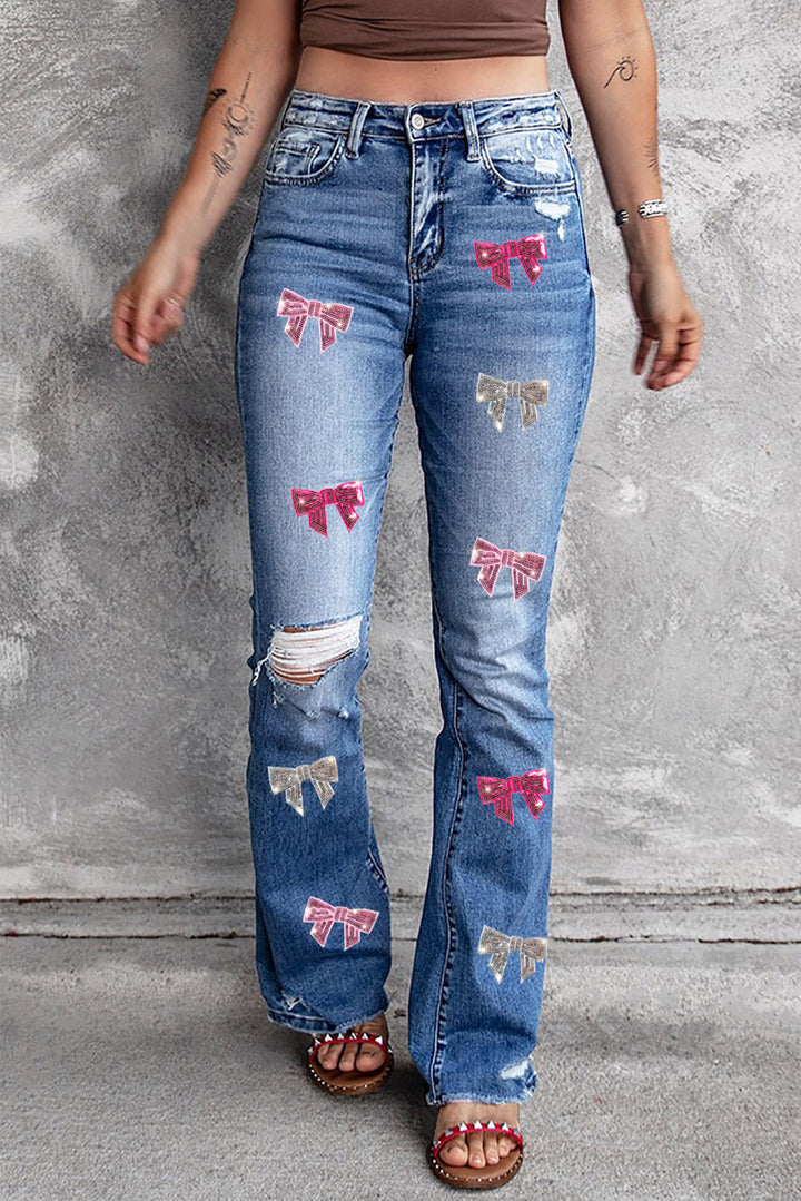 Women's Sequin Bow Distressed Bootcut Denim