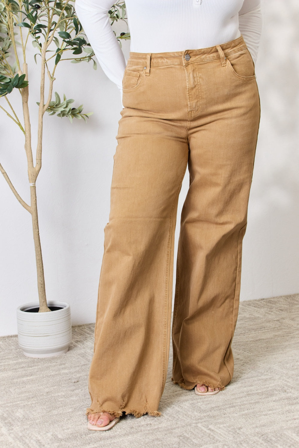 Women's Fringe Hem Wide Leg Jeans (Full Size)